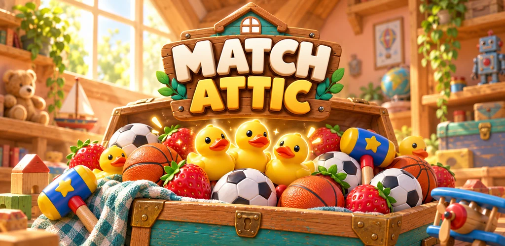 Match-Attic promotional art: three glowing yellow ducks among colorful toys in a cozy attic