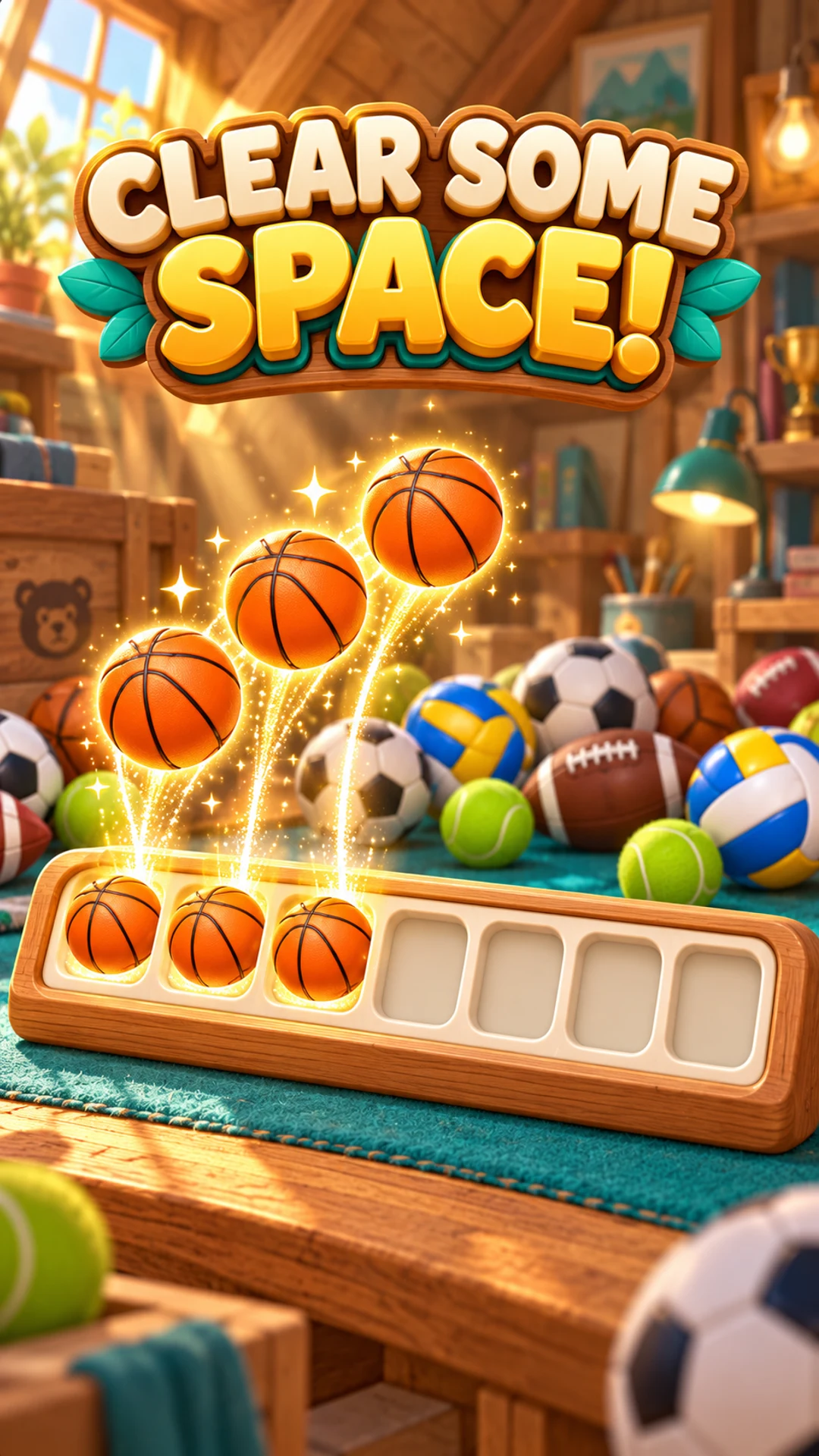 Promotional illustration of a basketball triple clearing a seven-slot collection rail
