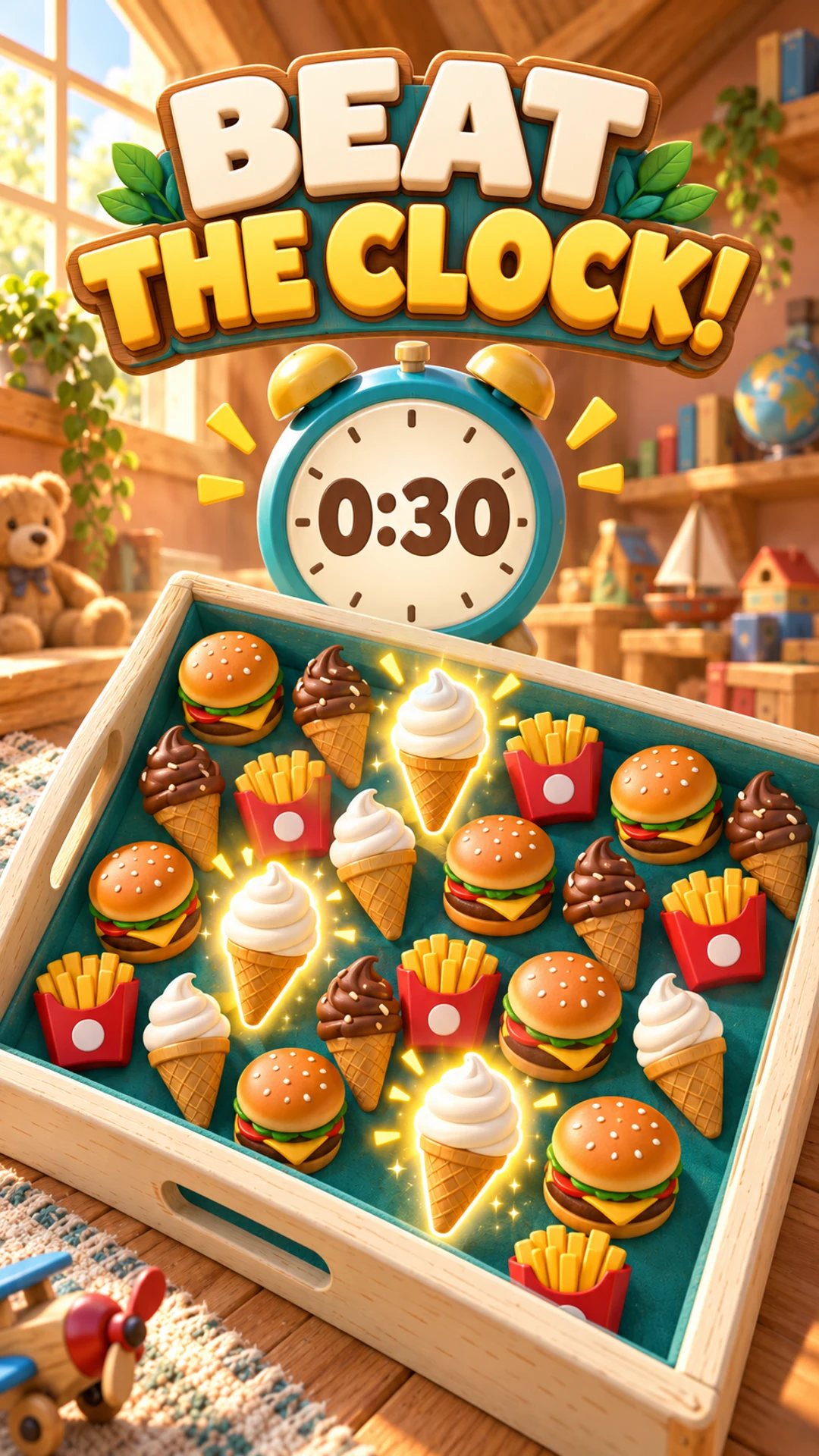 Promotional illustration of three matching ice cream cones beside a countdown clock